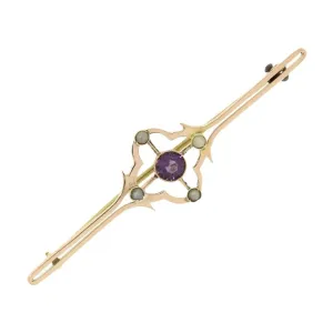 Pre Owned Vintage 9ct Rose Gold Amethyst And Seed Pearl Bar Brooch