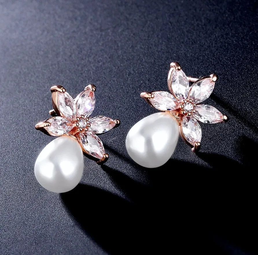 "Darlene" - Pearl and Cubic Zirconia Bridal Earrings - Available in Silver and Rose Gold