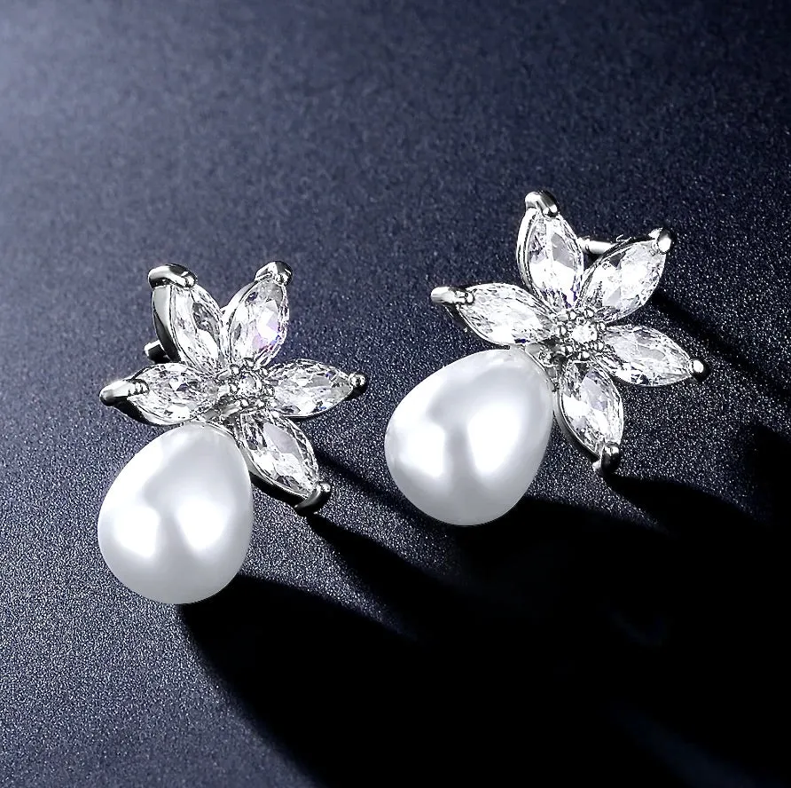 "Darlene" - Pearl and Cubic Zirconia Bridal Earrings - Available in Silver and Rose Gold