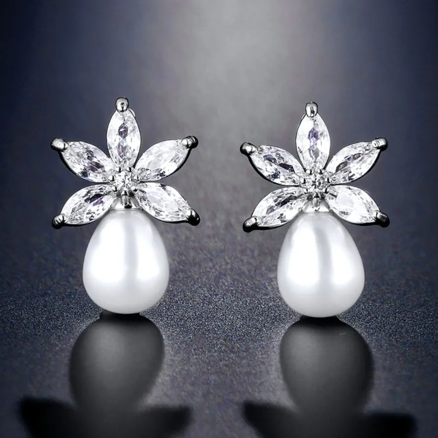 "Darlene" - Pearl and Cubic Zirconia Bridal Earrings - Available in Silver and Rose Gold