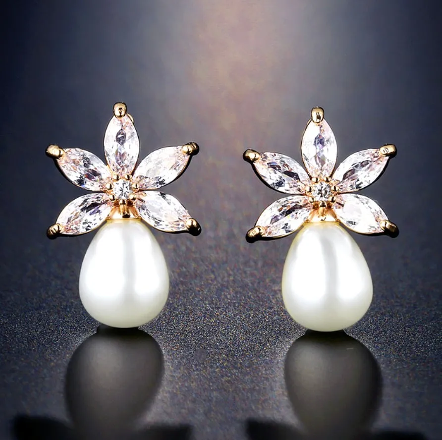 "Darlene" - Pearl and Cubic Zirconia Bridal Earrings - Available in Silver and Rose Gold