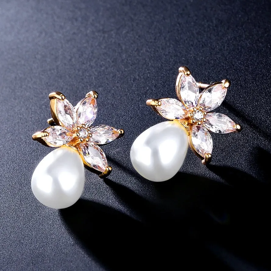 "Darlene" - Pearl and Cubic Zirconia Bridal Earrings - Available in Silver and Rose Gold