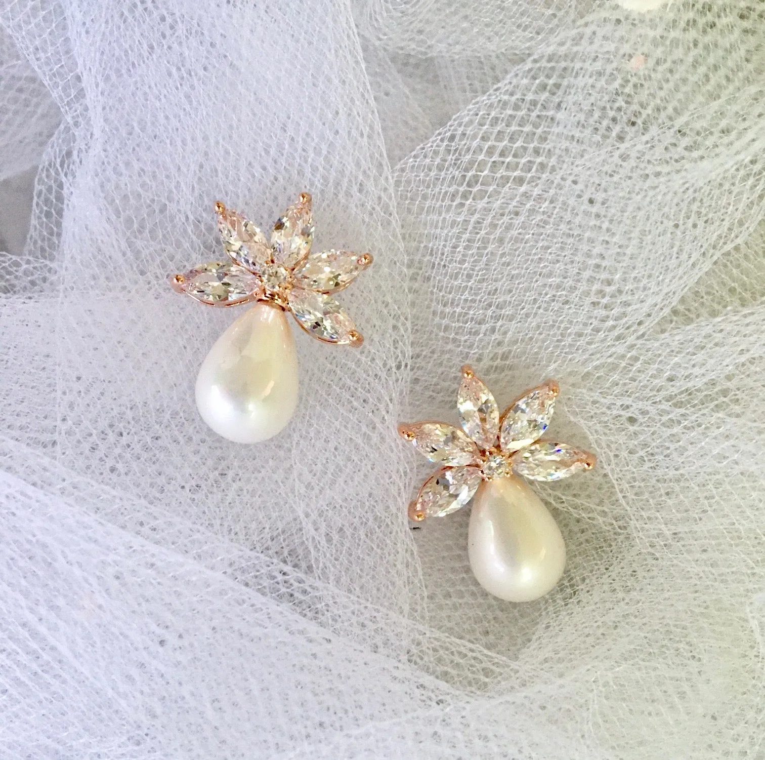 "Darlene" - Pearl and Cubic Zirconia Bridal Earrings - Available in Silver and Rose Gold