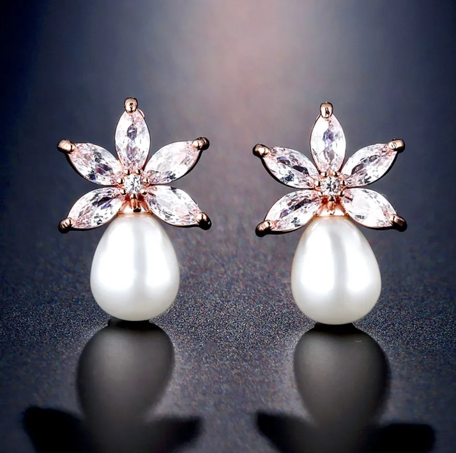 "Darlene" - Pearl and Cubic Zirconia Bridal Earrings - Available in Silver and Rose Gold