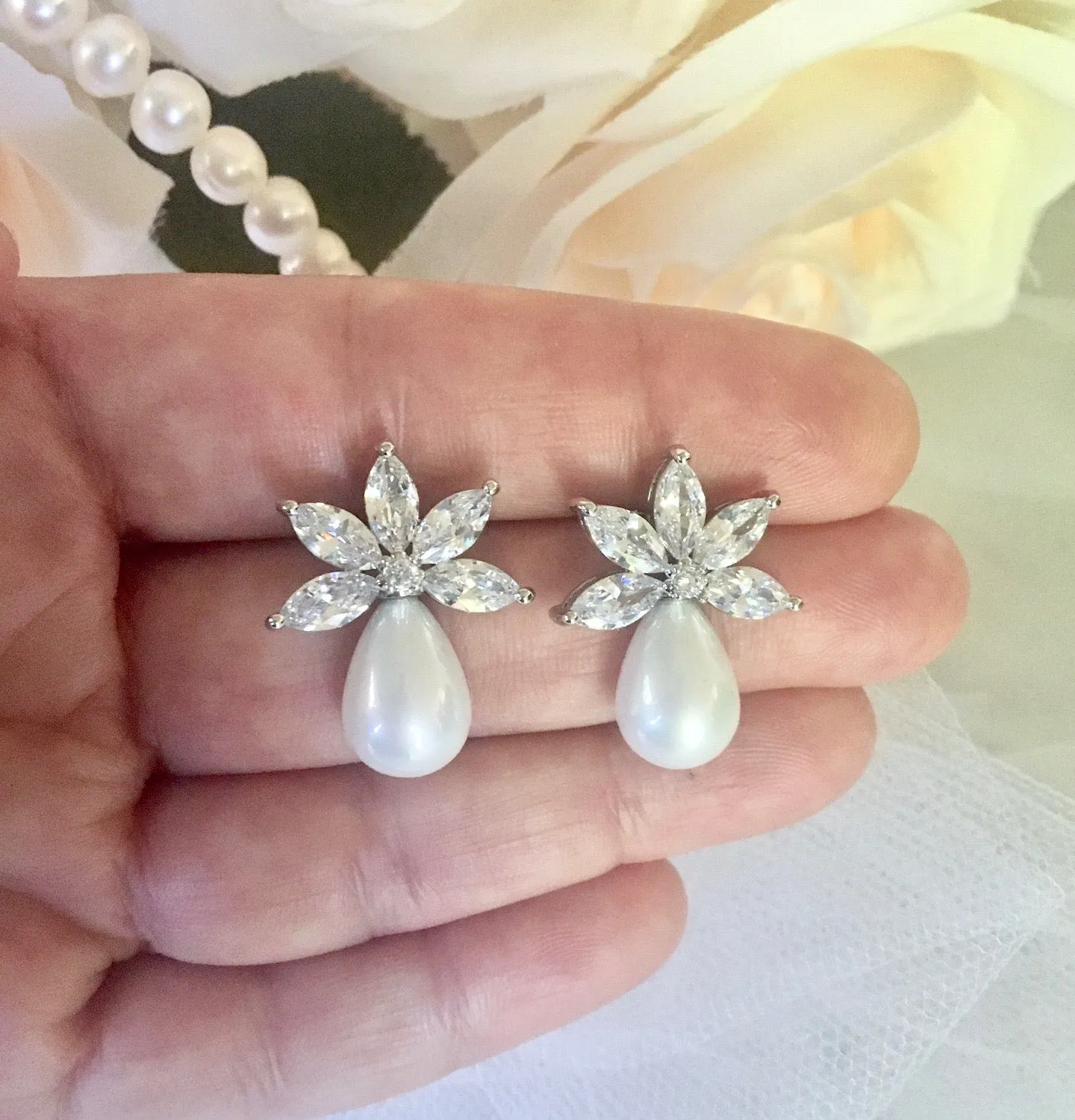 "Darlene" - Pearl and Cubic Zirconia Bridal Earrings - Available in Silver and Rose Gold