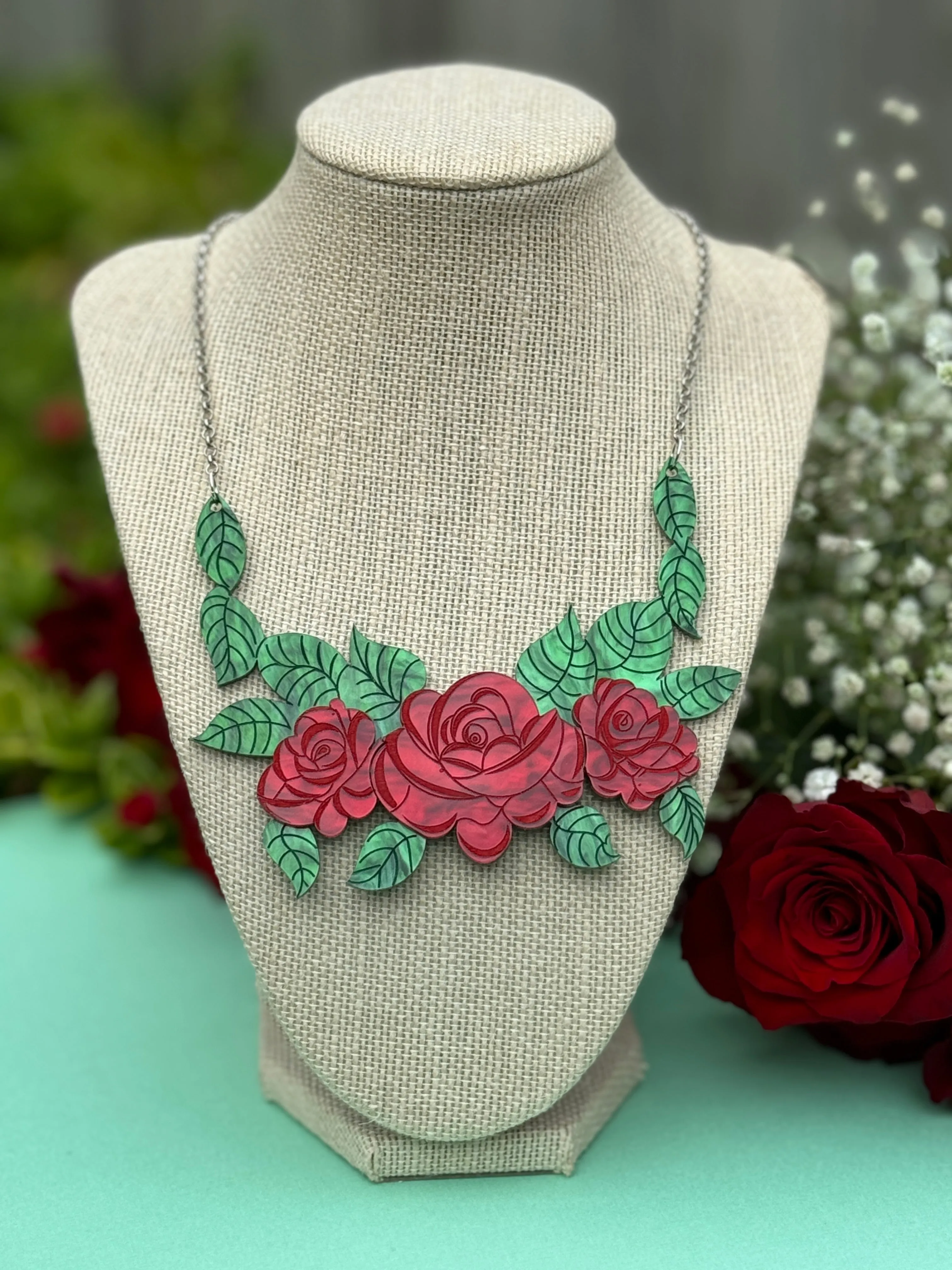 Red rose - necklace - Set of 2