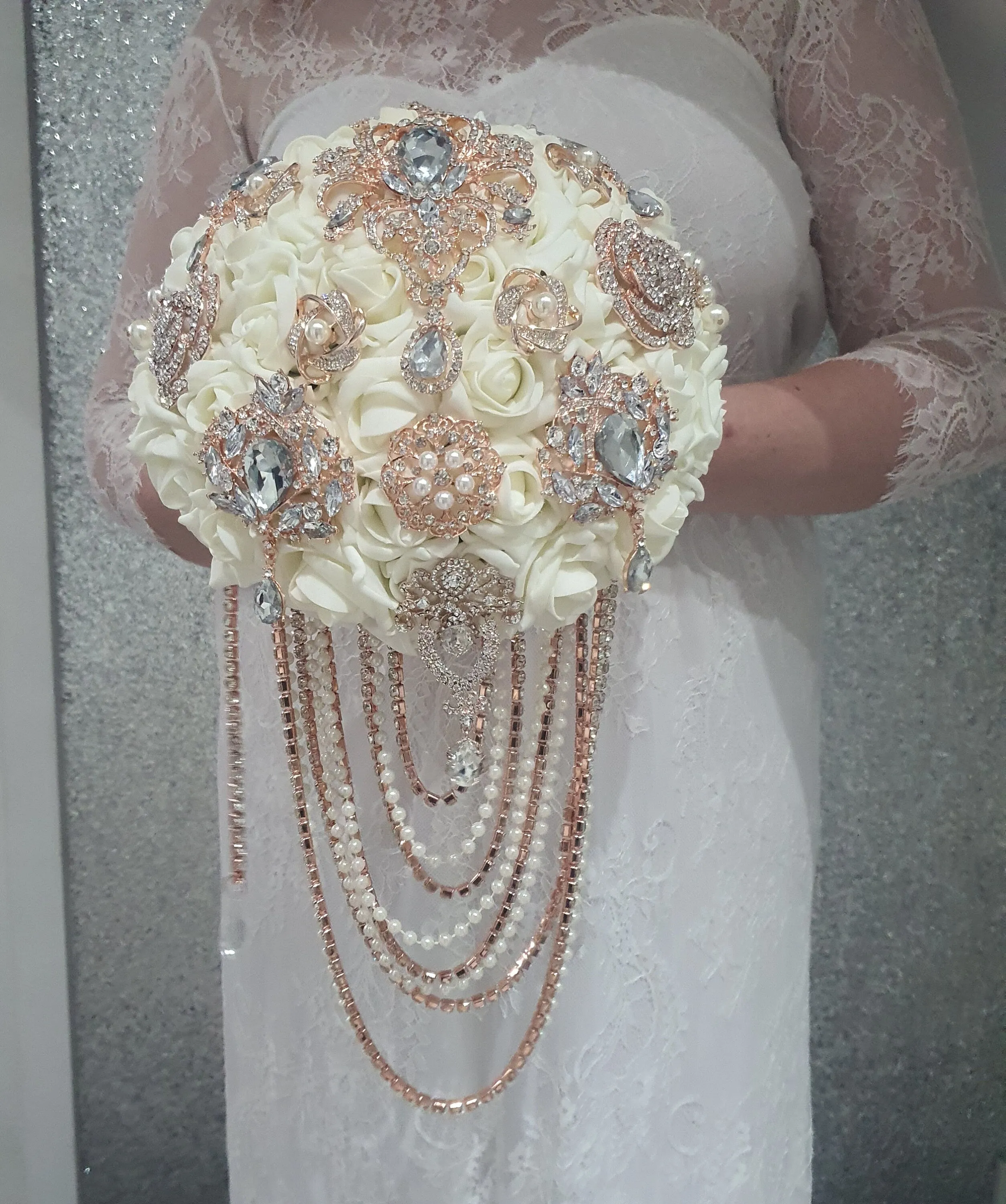 Rose gold Brooch and Pearl drape bouquet by Crystal wedding uk