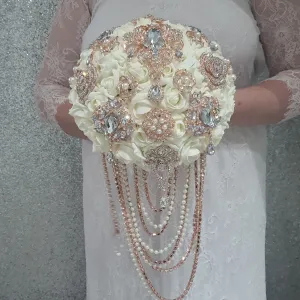 Rose gold Brooch and Pearl drape bouquet by Crystal wedding uk