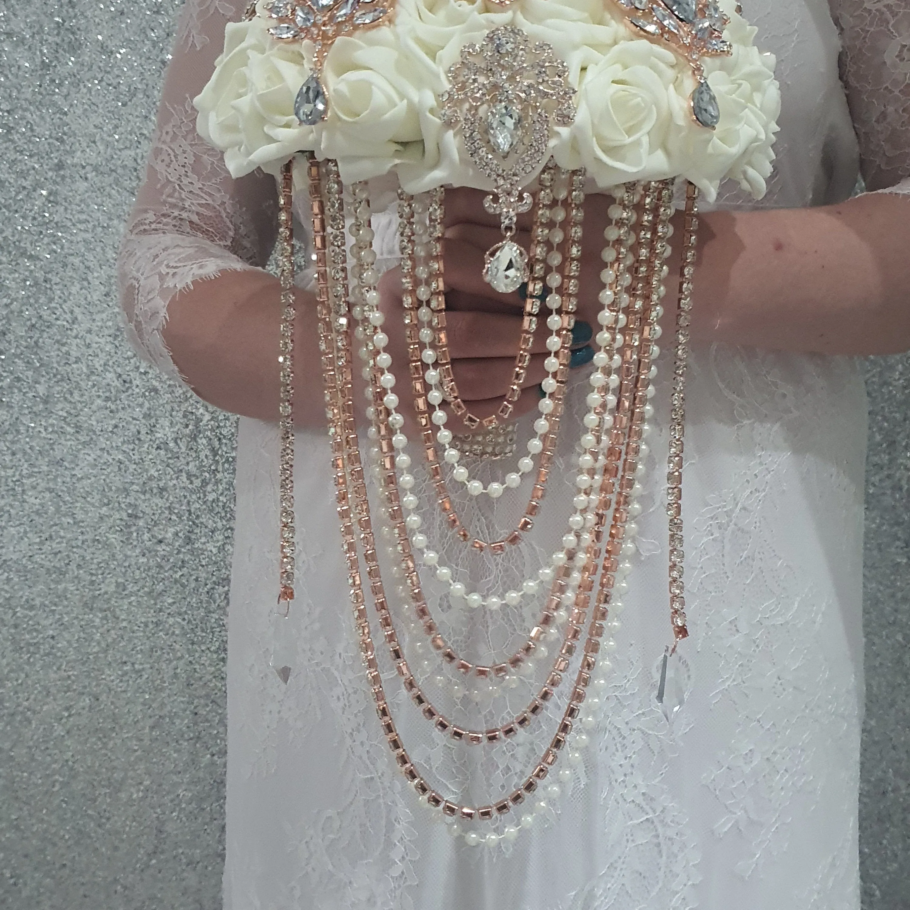 Rose gold Brooch and Pearl drape bouquet by Crystal wedding uk