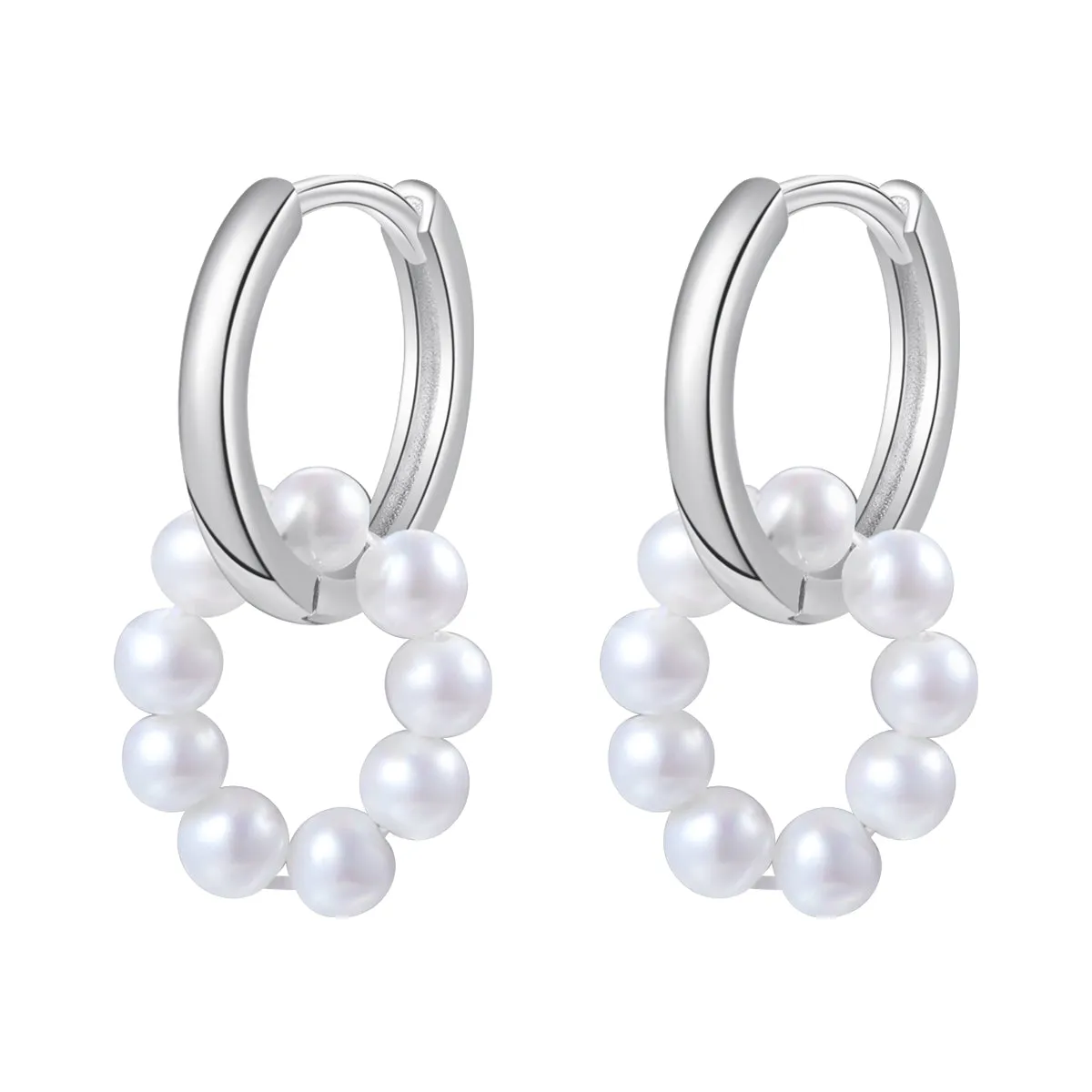 Round Pearl Charm Hoop Earrings Sterling Silver