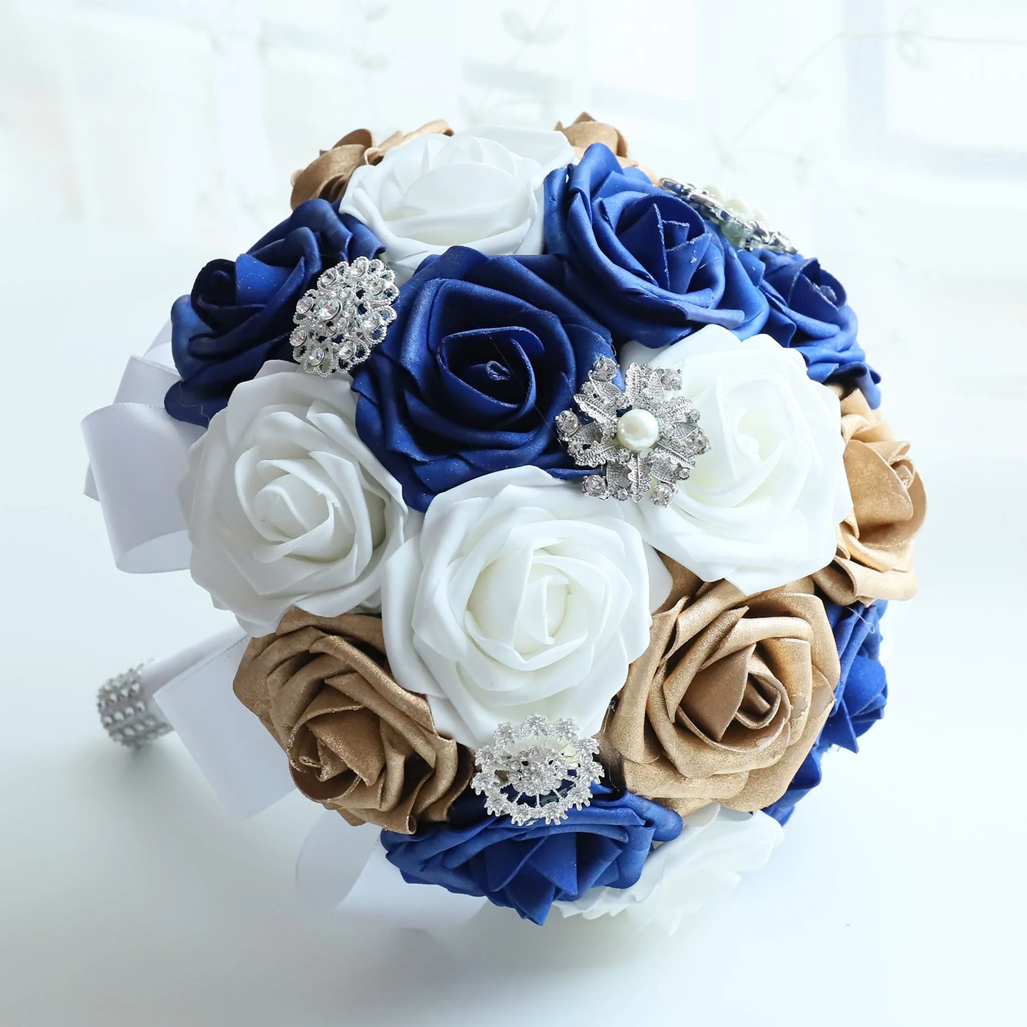 Royal Blue and Gold Wedding Bouquet for Bridal Bridesmaid