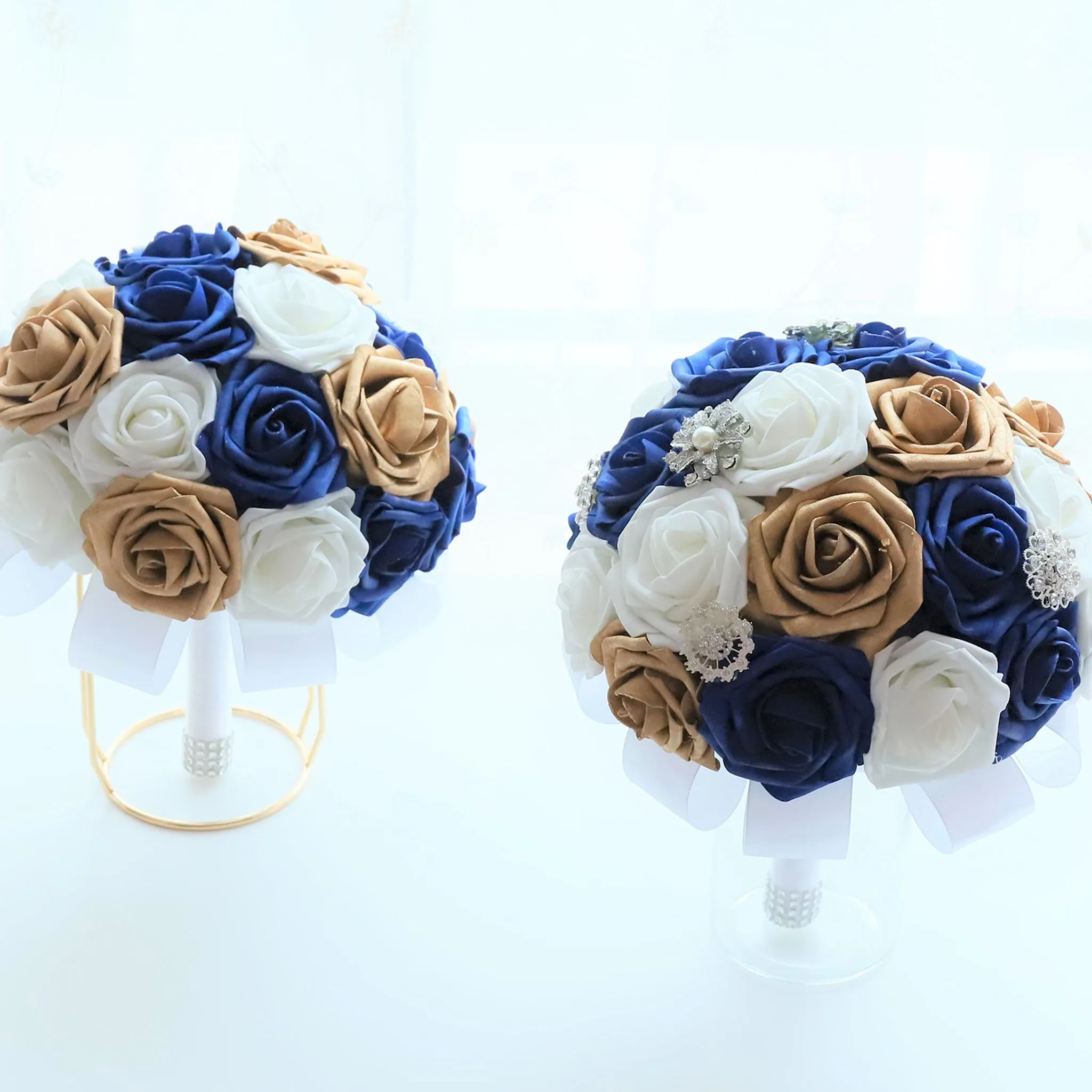 Royal Blue and Gold Wedding Bouquet for Bridal Bridesmaid