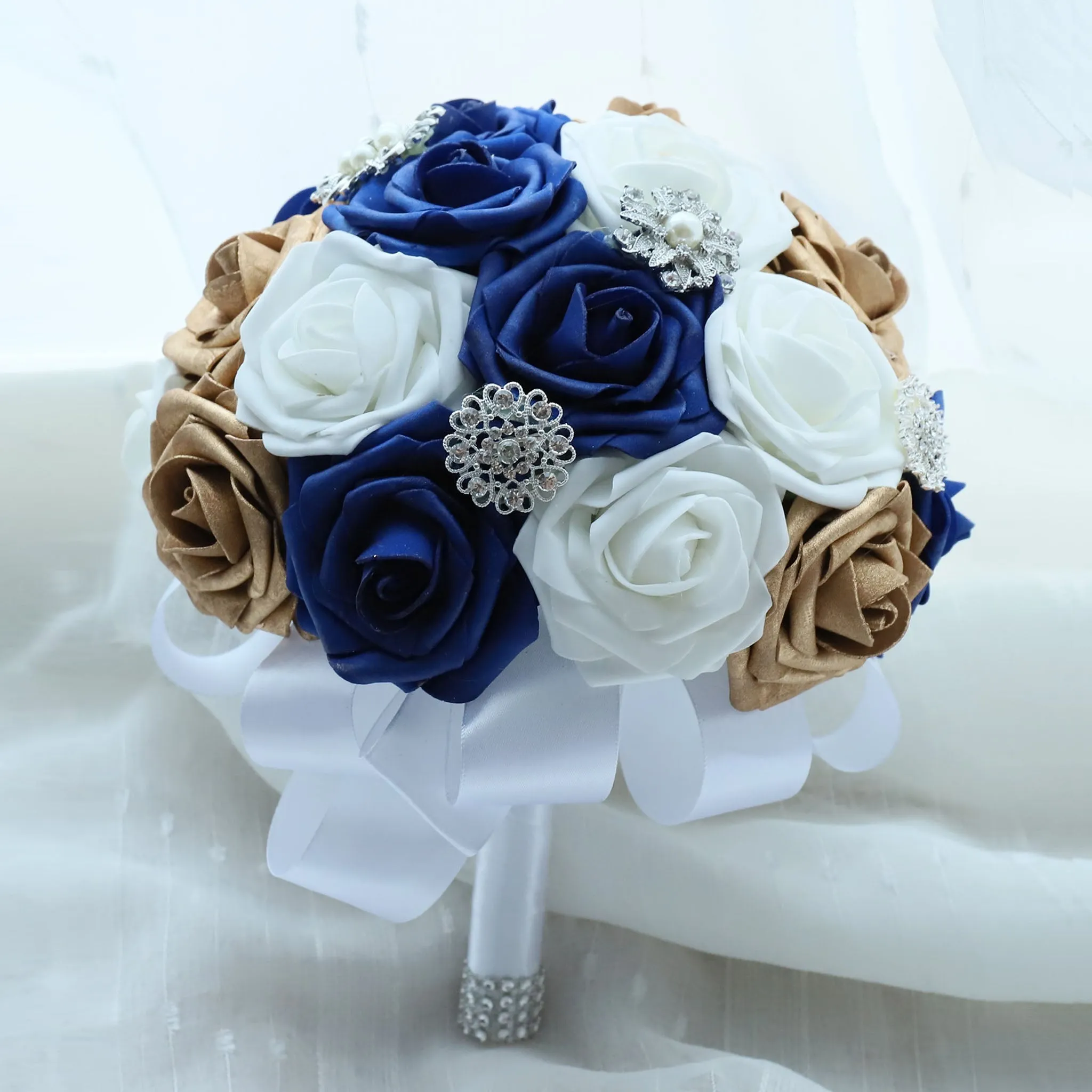 Royal Blue and Gold Wedding Bouquet for Bridal Bridesmaid