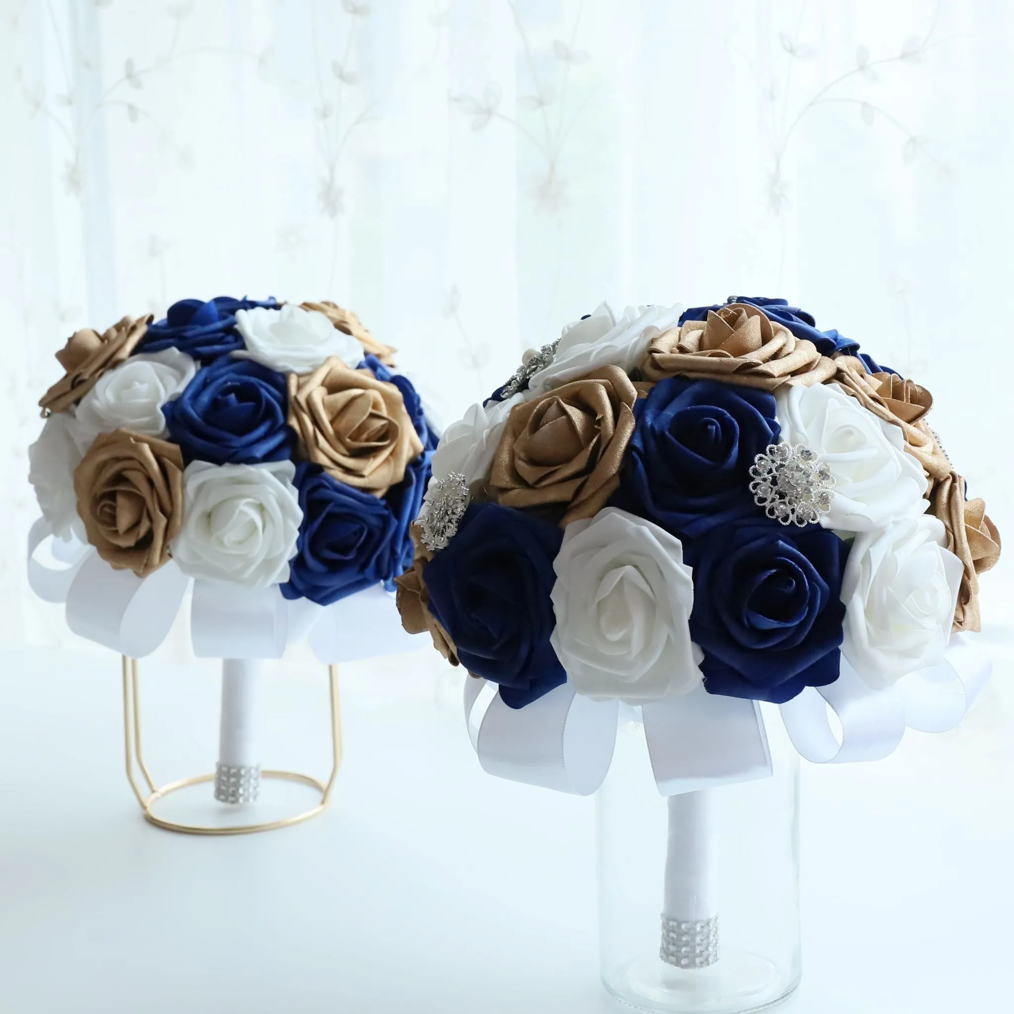 Royal Blue and Gold Wedding Bouquet for Bridal Bridesmaid