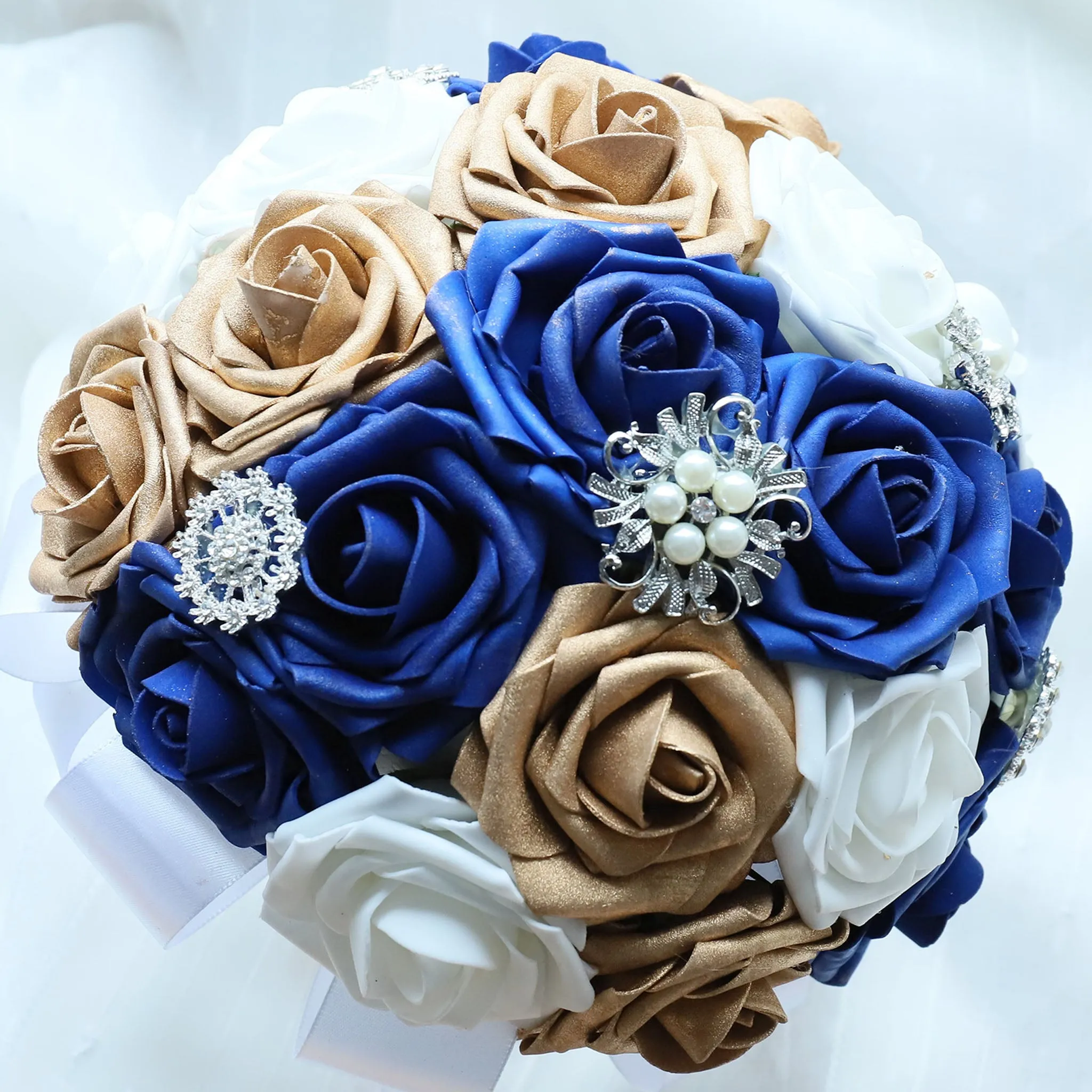 Royal Blue and Gold Wedding Bouquet for Bridal Bridesmaid