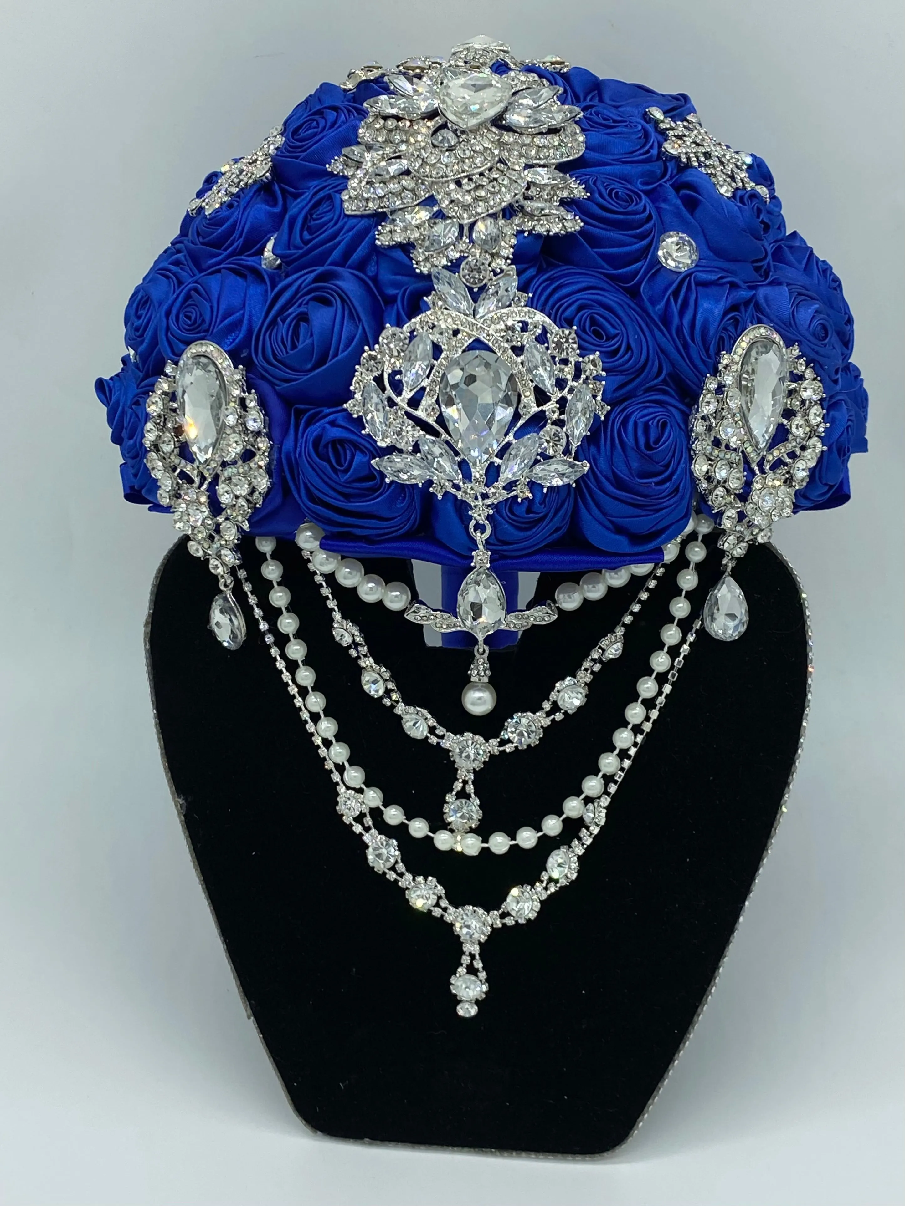 Royal Blue Cascade Waterfall Satin Roses Brooch Bouquet ~WA001