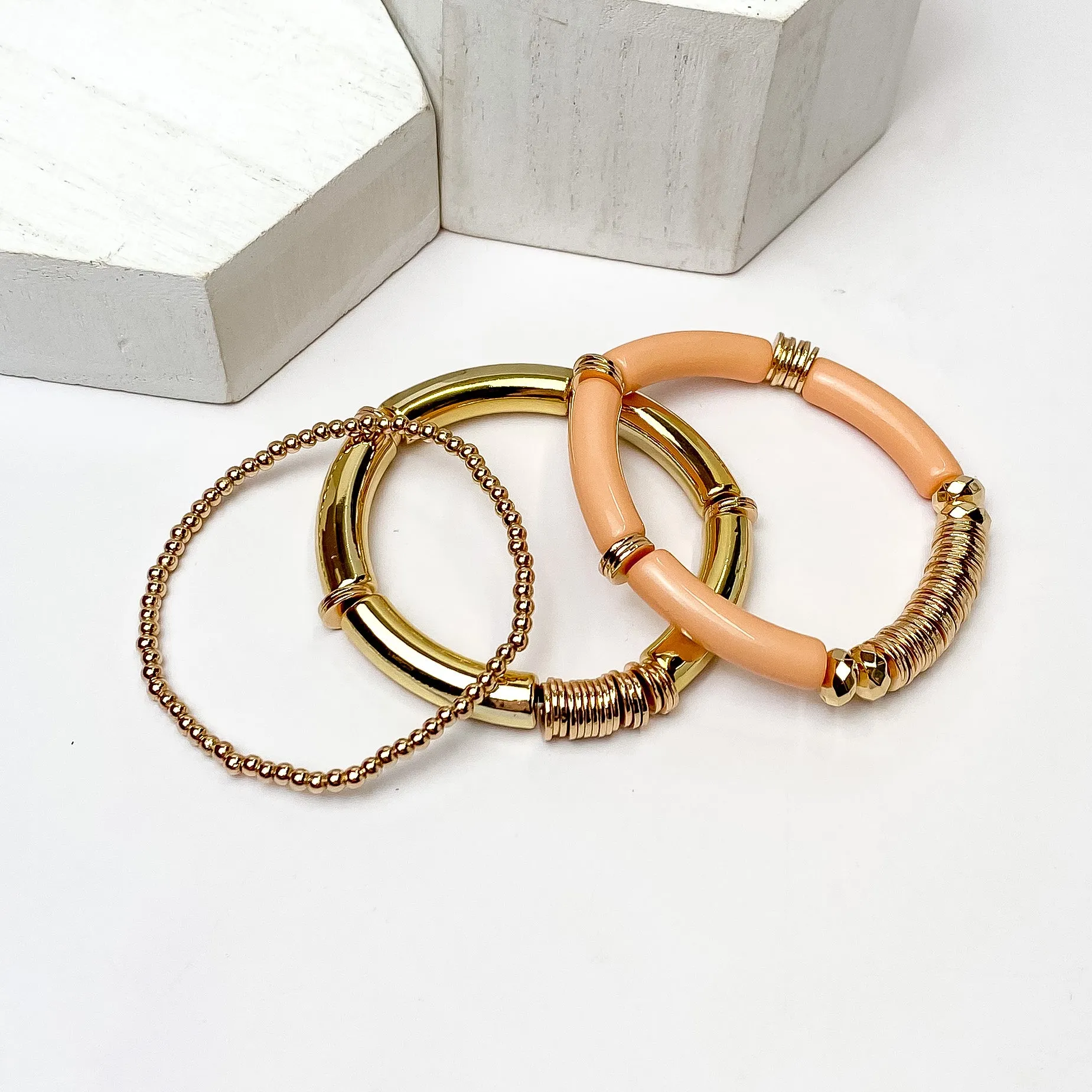 Set of Three | Bahama Nights Gold Tone Tube Bracelet Set in Dusty Pink