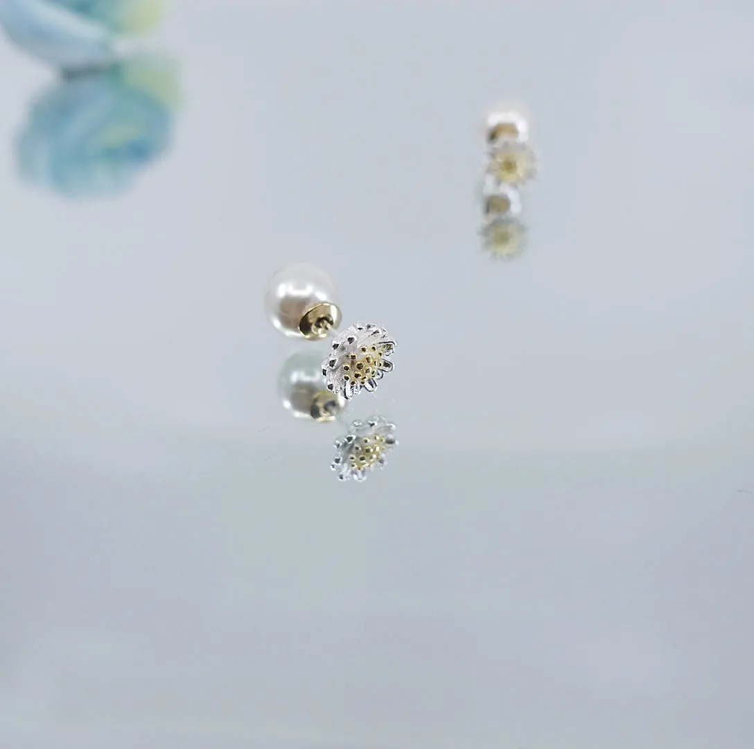 Silver Daisy Flower Stud Earrings with Pearl Ear Nut