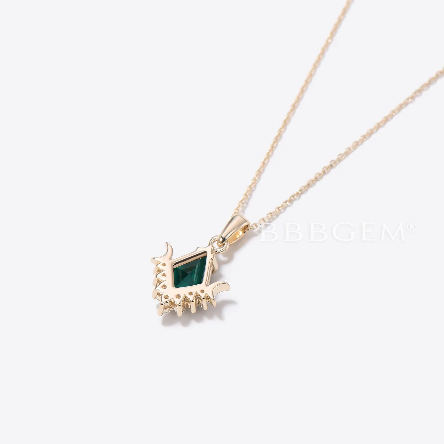 Solid 14k Gold Moon Necklace Kite Cut Green Emerald Wedding Necklace