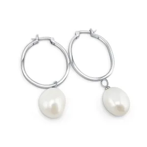 Sterling Silver Keshi Pearl Drop On Polished Hoops