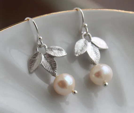 Sterling Silver Leaf with Freshwater Pearl Earrings