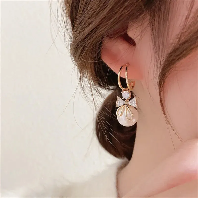 Sweet Flower Zircon Geometric Party Earrings for Women with Round Pearls