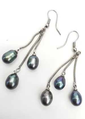 Tahitian Black Pearl Triple Dangle Earrings • Hooks