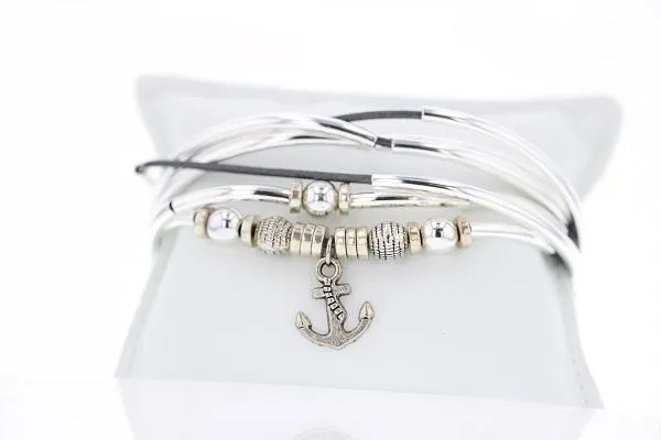 Vera Bracelet-Necklace Convertible with Metallic Gunmetal Leather Cord and Anchor Charm