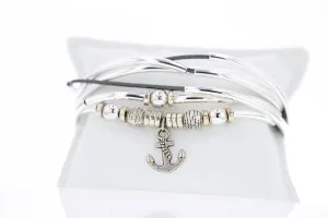 Vera Bracelet-Necklace Convertible with Metallic Gunmetal Leather Cord and Anchor Charm