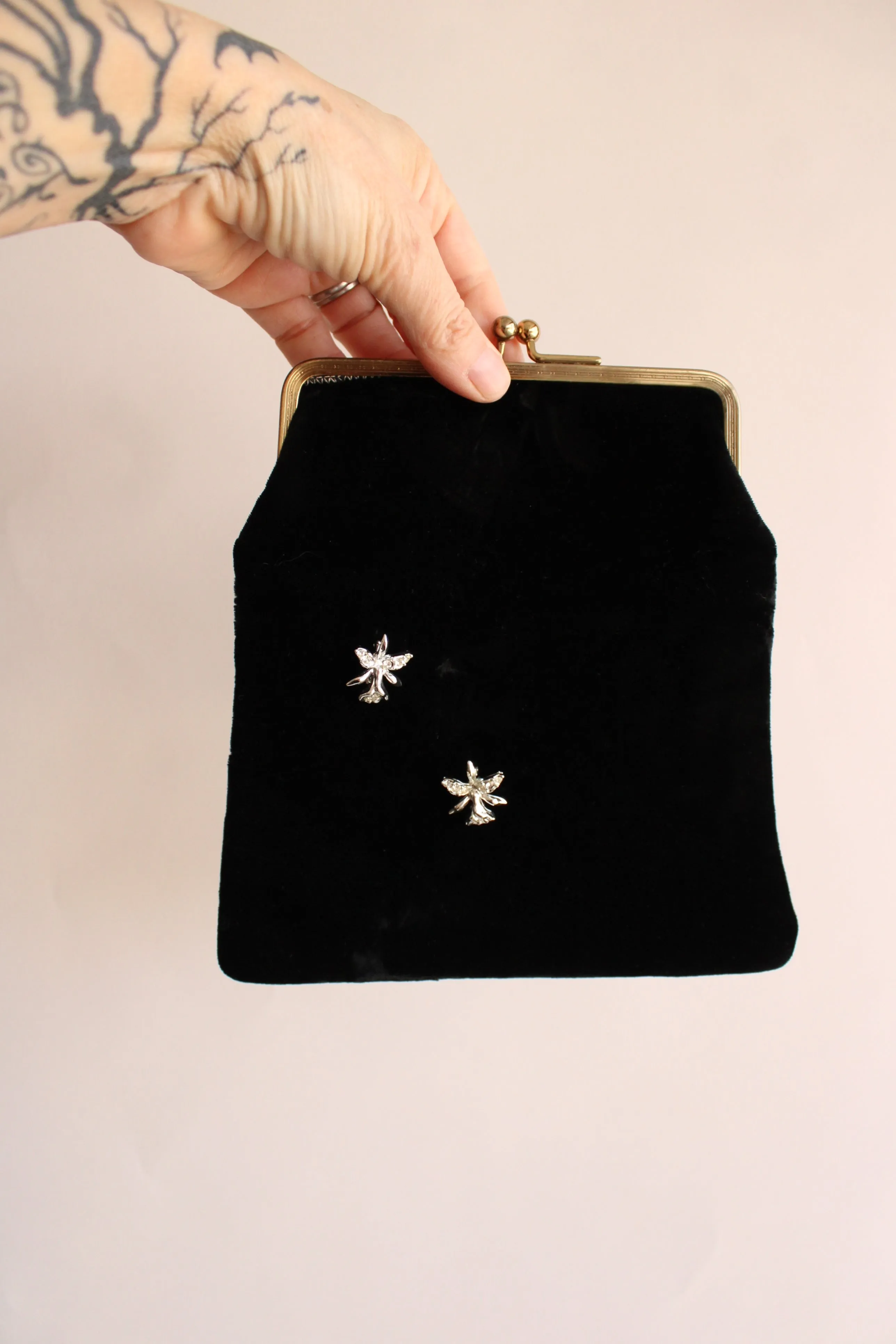 Vintage 1950s Black Velvet Clutch Purse With Rhinestone Flower Brooches And Pink Satin Lining