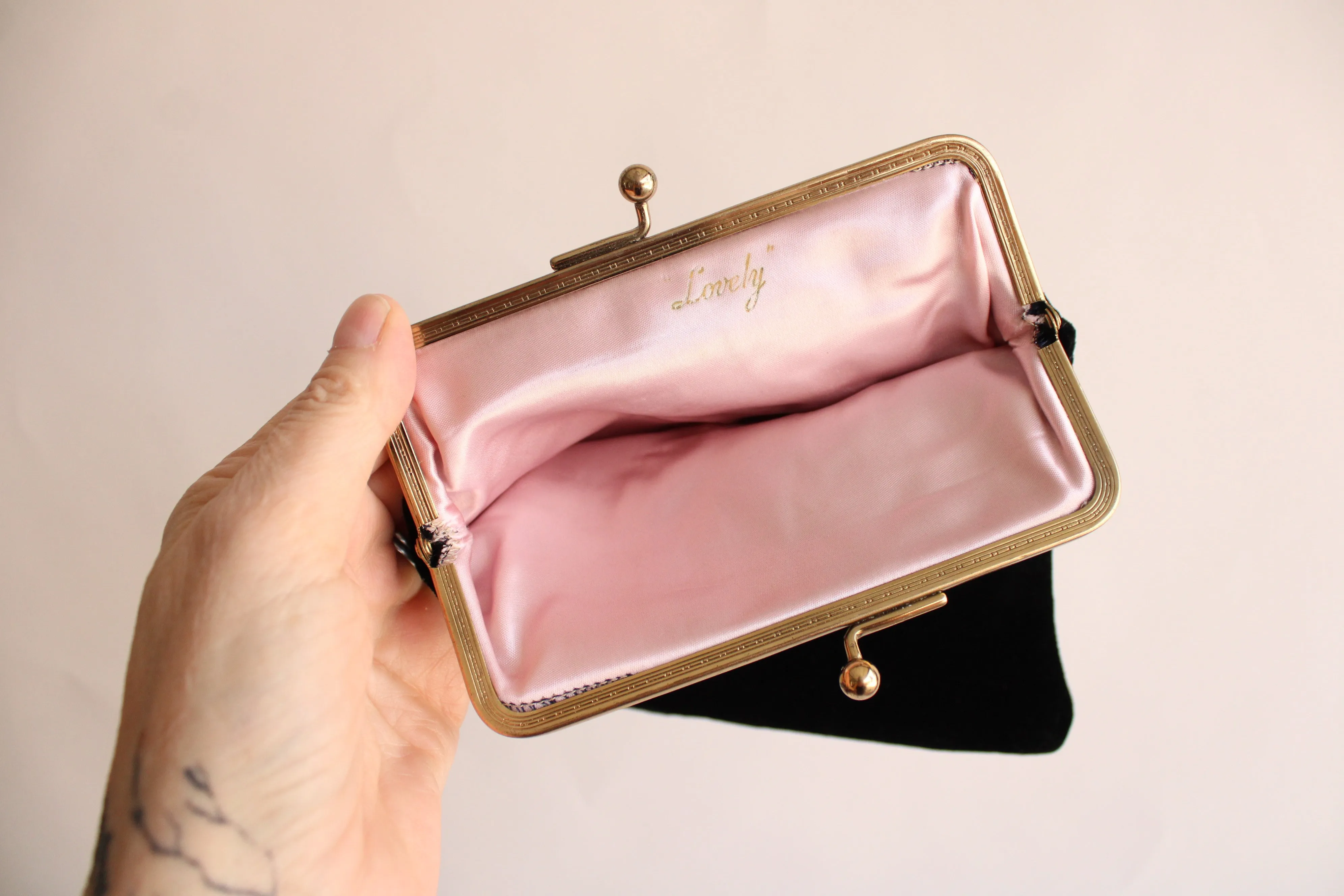 Vintage 1950s Black Velvet Clutch Purse With Rhinestone Flower Brooches And Pink Satin Lining