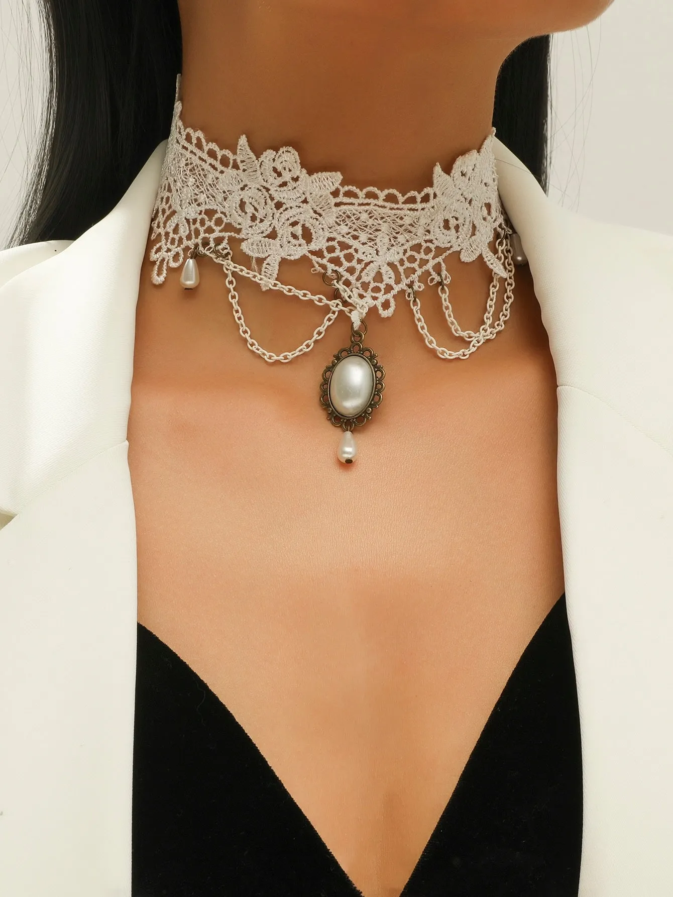 White Lace Pearl Decor Choker for Women Jewelry for Women Necklace Accessories