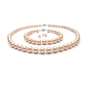 Womens Ladies Freshwater Pearl Necklace, Bracelet and Earrings Set 8mm AA Grade Pink Magnetic Clasp