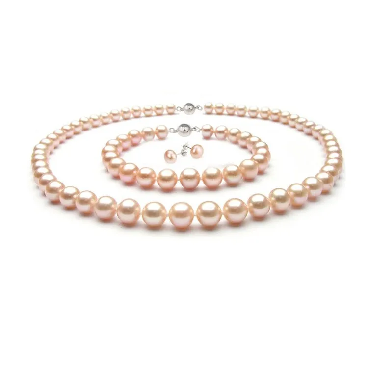 Womens Ladies Freshwater Pearl Necklace, Bracelet and Earrings Set 8mm AA Grade Pink Magnetic Clasp