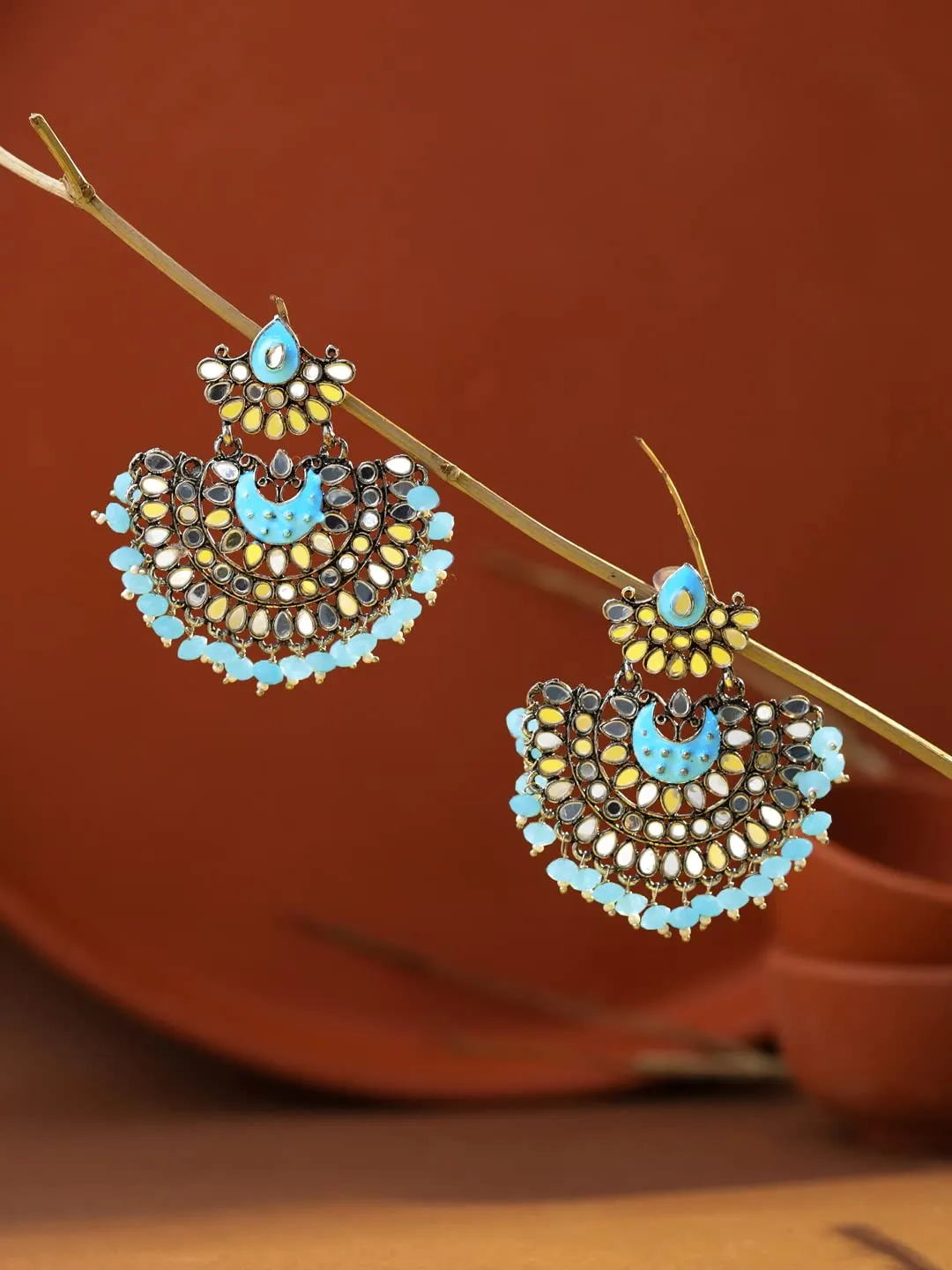 Yellow Chimes Earrings For Women Long Chandbali Blue Pearl and Stone Studded Elegant Earrings For Women and Girls